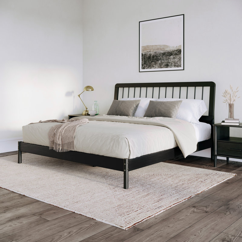 Catrece Solid Wood Platform Bed with Spindle Headboard, Black, King