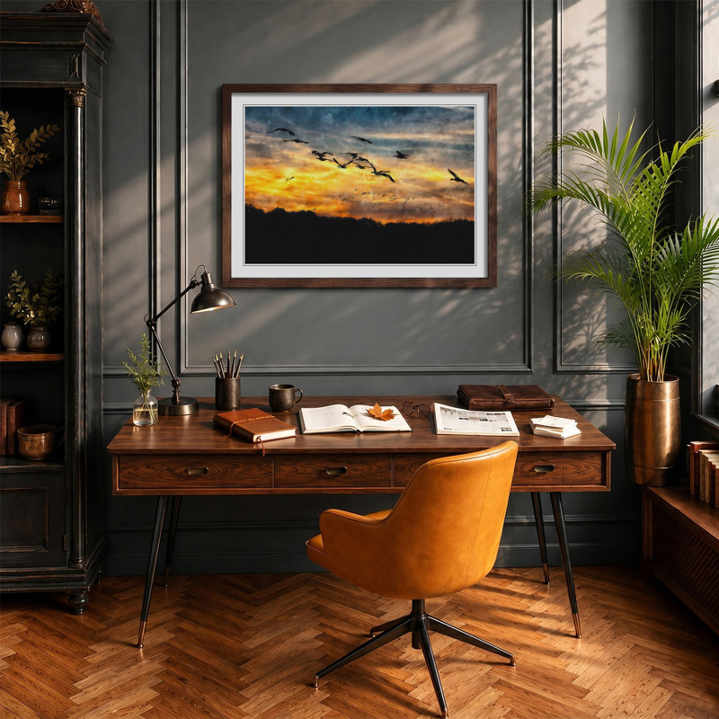 Geese at Sunset - Framed Print, 27cm H x 36cm W x 2cm D, Walnut Framed
