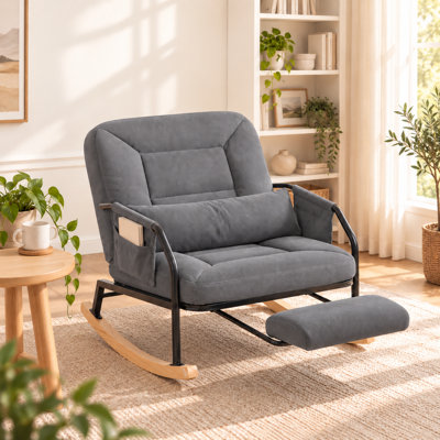 Oversized Corduroy Rocking Chair with Retractable Footrest, 4-Position Adjustable Backrest, Lumbar Pillow & Side Pocket, 350 lbs Nursery Glider Rocker,Gray