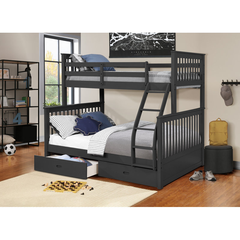 Lit superposé simple au-dessus d'un lit double avec tiroirs Aleta, Gris foncé