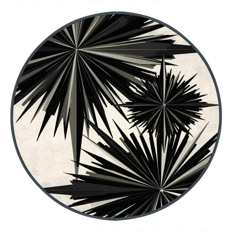 Tapis doux et moelleux de style Midwood Art Deco Starburst en gris - reliure noire, Rond 8 pi