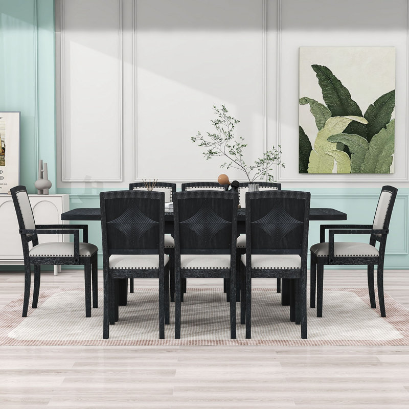 9-Piece Wood Dining Set with Removable Leaf and Chairs, Black, Black, Black/Grey