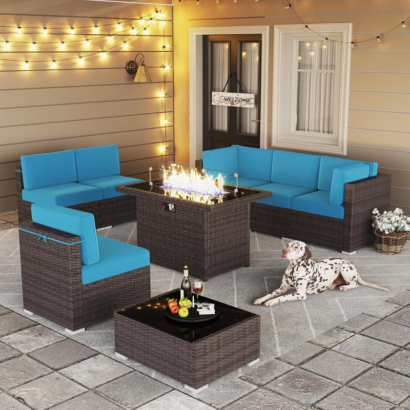  8 Piece Patio Furniture Set with 44" Propane Gas Fire Pit Table, Outdoor Sectional Conversation Set Wicker Rattan Sofa Set with Coffee Table