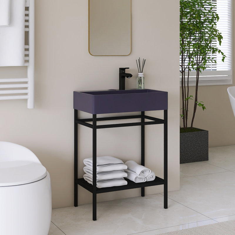 Meuble-lavabo simple autoportant 24 po avec plateau en céramique intégré, Noir, Mauve