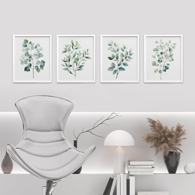 " Green Leaves Plants " 4 - Pieces, White, 14" H x 11" W