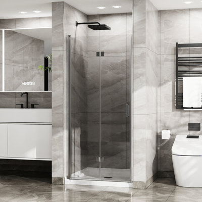 Shower Door. 34"X 72". 1/4" Tempered Glass Pivot Swing Panel. Foldable, Elegant Style. Rust & Corrosion Fittings. Prevents Water From Spilling. 180 Pivot. Fits Various Bathroom Sizes Door Space.