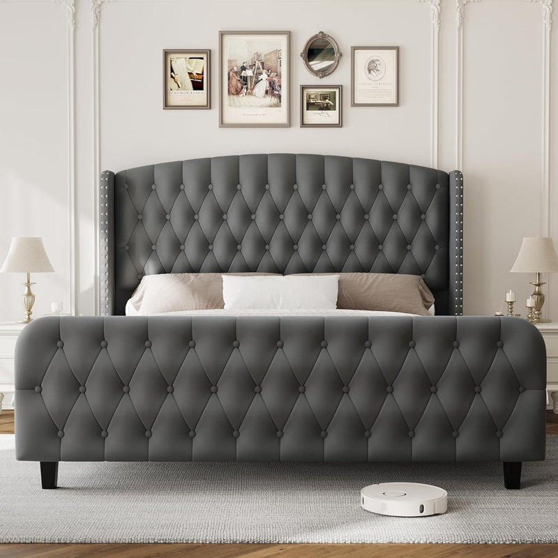 51" Tall Queen Size Bed Frame with Deep Button Tufted Wingback Headboard and Footboard, Velvet Upholstered Platform Bed Frame, No Box Spring Needed, Easy Assemble, Grey