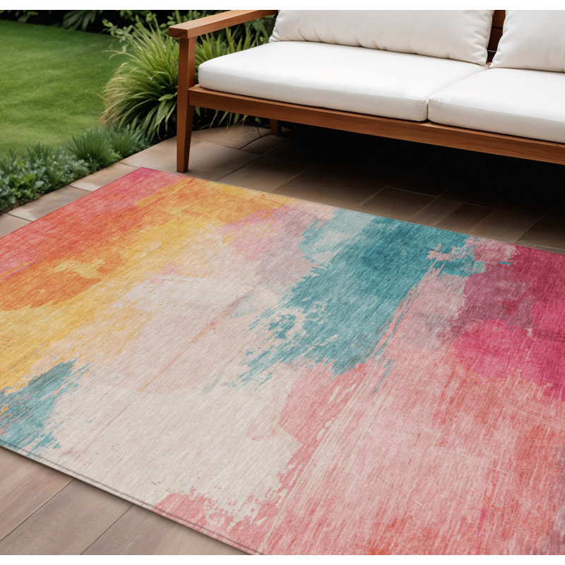 Tapis intérieur lavable abstrait 10 pi x 14 pi or rose et bleu sarcelle