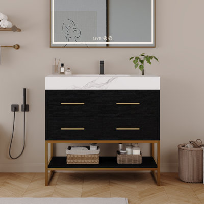 Meuble-lavabo en pierre artificielle avec lavabo en céramique, tiroirs à fermeture en douceur, tablettes ouvertes et pieds en acier inoxydable pour les salles de bain modernes