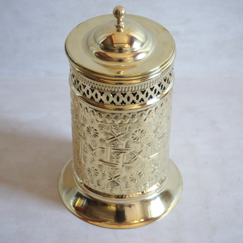 Ornate Engraved Brass Lidded Wastebasket