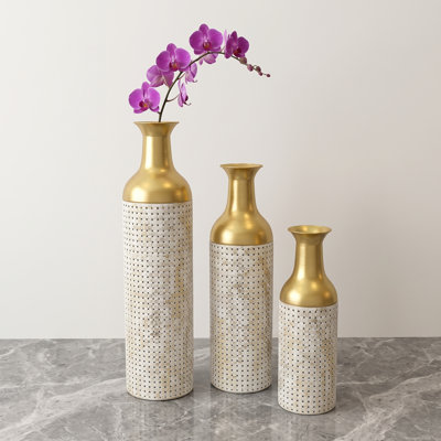 3-Piece Metal Floor Vase Set, Gold Leaf Pattern, Gold & White Home Decor, Large Tall Decorative Vase