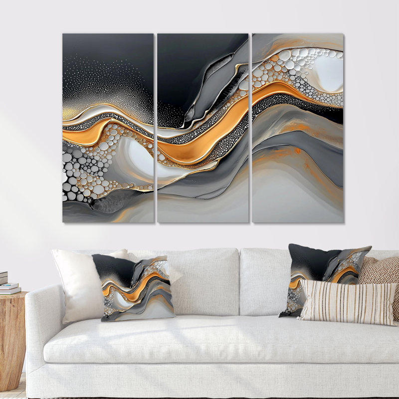 Encre dorée et grise fractale II - ensemble d'art mural moderne transitionnel abstrait, H 28 po x l 36 po, Ne s’applique pas