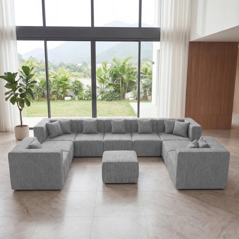 Canapé modulaire modulaire en U en chenille modulaire, 10 sièges avec repose-pieds détachable, canapé profond sous vide, gris clair