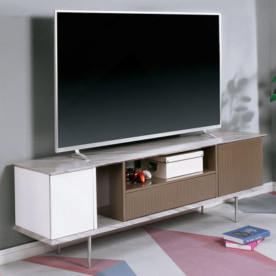 Base de console de télévision de style moderne moderne avec tablette ouverte et glissières à roulement à billes attachées à un tiroir avec dessus en champagne avec champagne ultrabrillant