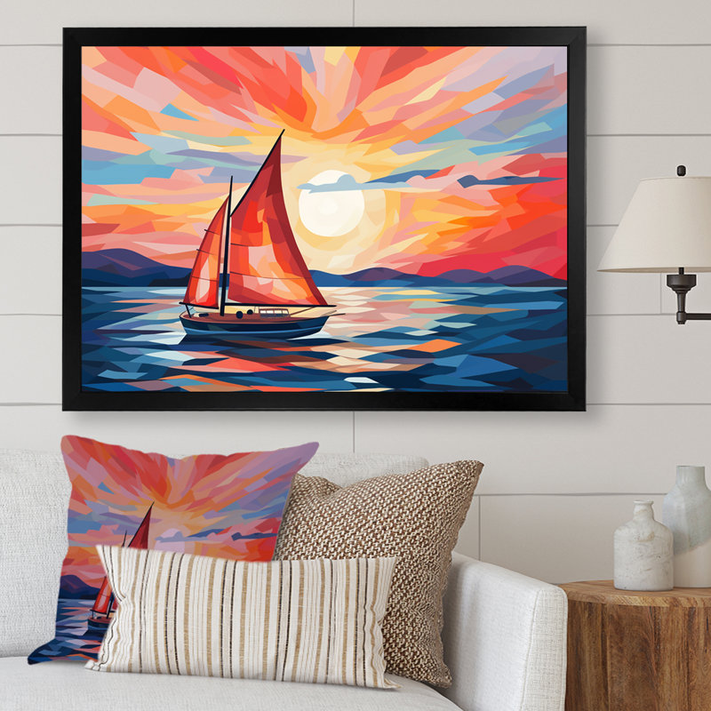 Coucher de soleil sur un bateau à voile II - bateau à voile, art mural, Cadre d'angle fermé noir, H 12 po x l 20 po x P 1 po