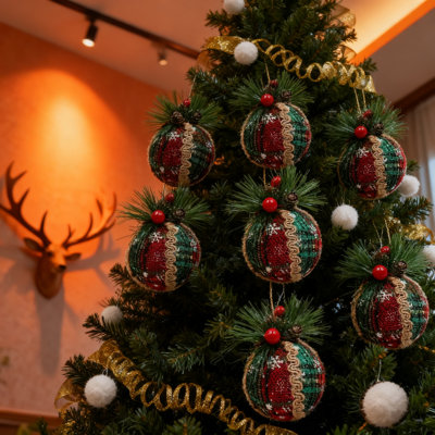 6 pièces de boules de Noël à carreaux - Ornements de boules en tissu à carreaux ， avec pommes de pin et verdure, boules de Noël à carreaux suspendues, décoration de fête