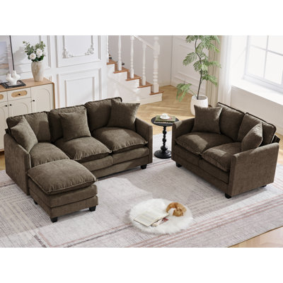 Cloud 3 Pieces Sofa Set, 2+3 Seater Couch+1 Ottoman, Modern Sofas Sets with Deep Seat, Modular Sectional Couches Sets for Living Room