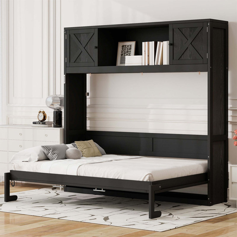 Grand lit escamotable avec armoires de rangement, conception peu encombrante pour les petites pièces et les chambres d'amis (matelas non inclus)