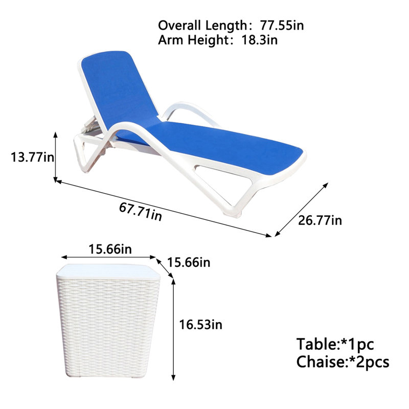 Ensemble de chaise longue d'extérieur avec table, Bleu
