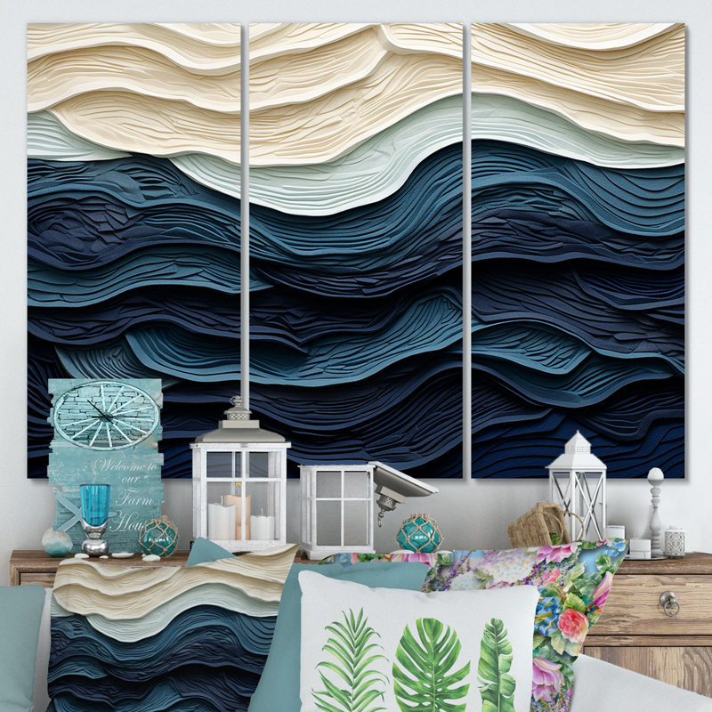 Bord de mer bleu et blanc - art mural minimaliste côtier, H 28 po x l 36 po x P 1 po, Toile tendue