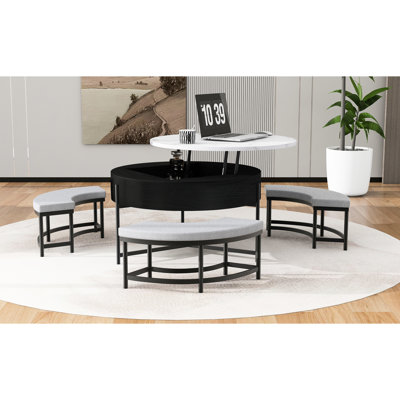 Table basse ronde avec plateau relevable et 3 repose-pieds, compartiment de rangement, finition blanc noir, 31,5 po de profondeur, 25 po de hauteur, 58,5 lb, pour les événements sociaux, matériel, style contemporain, dimensions,