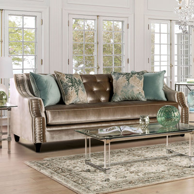 93.4" W Transitional Sofa, Champagne/Turquoise