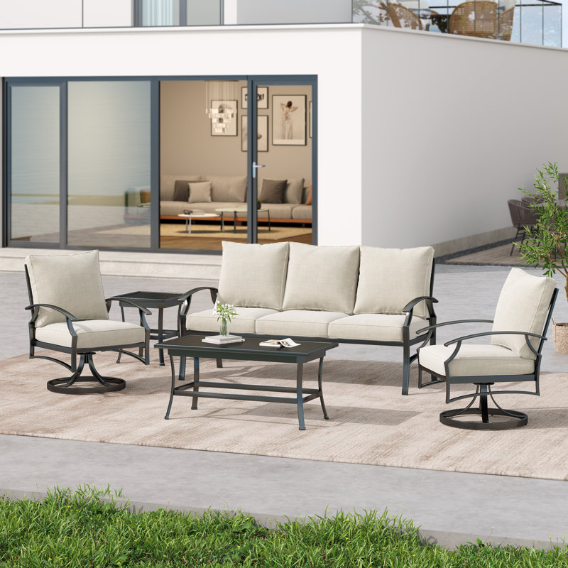 Nickita Outdoor Metal 5-Person Patio Set With Two Tables And Cushions, Beige