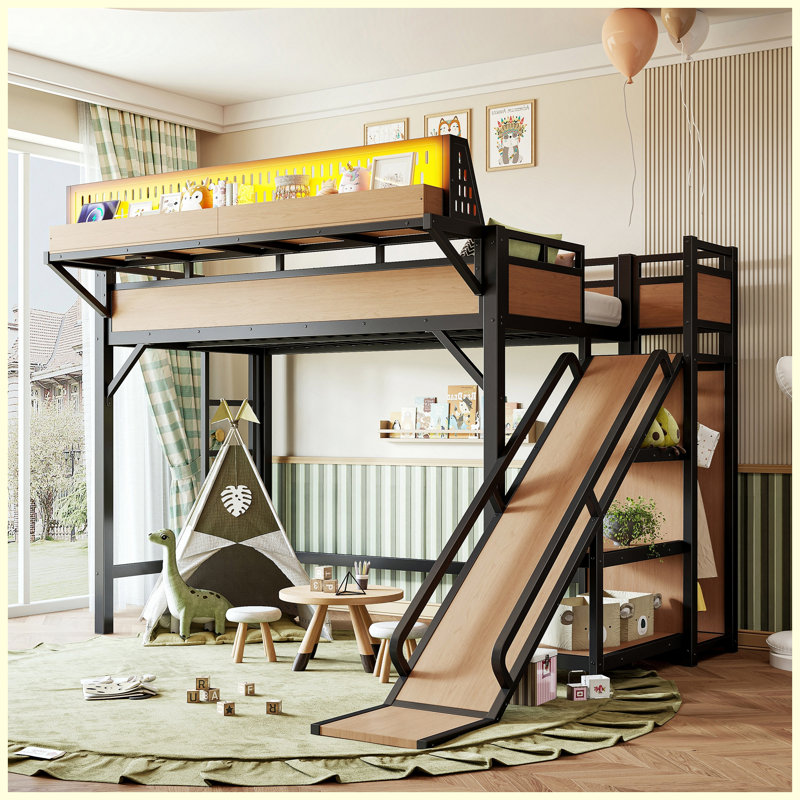 Lit simple mezzanine en métal naturel avec glissière, tablettes de rangement, garde-robe intégrée et lumières DEL