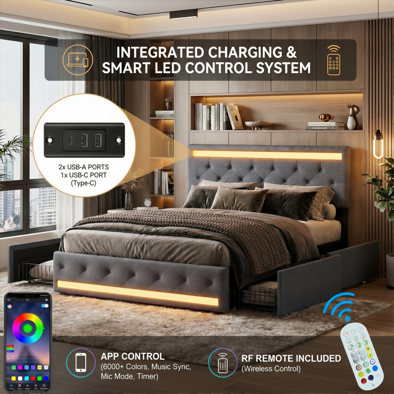 UK&EU Size Smart LED Linen Upholstery Drawer Storage Bed With Charging Station Headboard, 2 USB&1 Type-C, Dark Grey,  90/140/160X190/200cm)