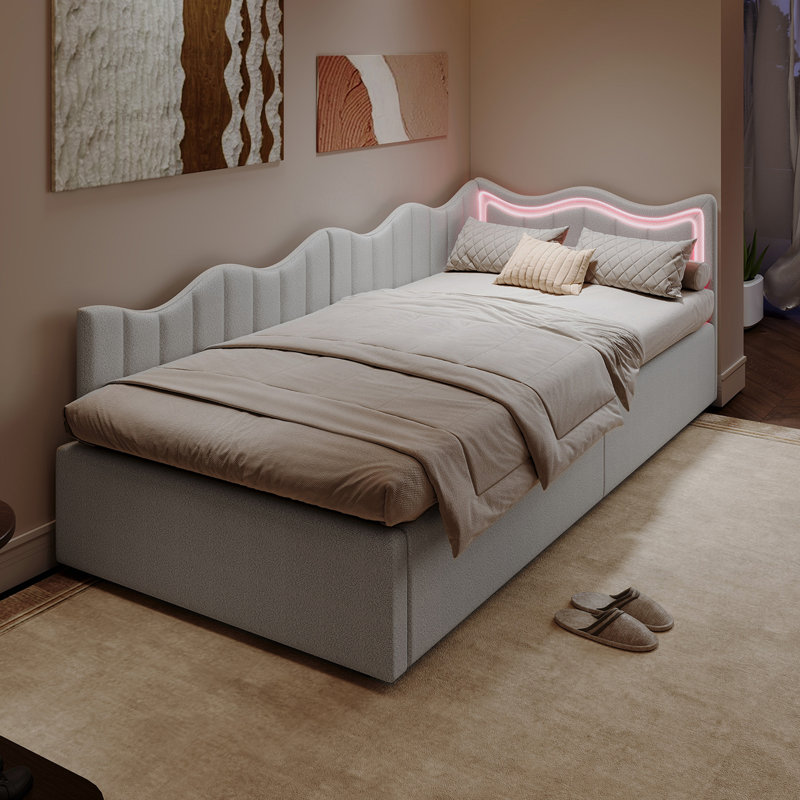 European Single (90X200cm) Teddy Velvet Ottoman Daybed With Led Lights,  Upholstered Storage Bed, Beige, White