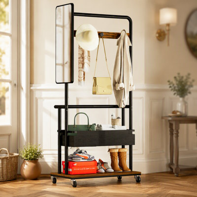 Sturdy metal coat rack with casters, 3-in-1 design, includes a basket and mirror, hanging coat rack, mobile coat rack with casters, large storage capacity,Rustic Brown and Black, 27.6″L x15.7"W x 67"H