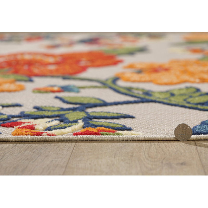 Floral Machine Woven Indoor / Outdoor Area Rug, Rectangle 6'7" x 9', Ivory