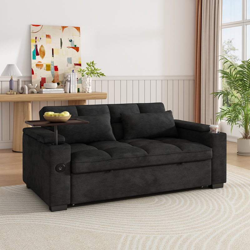 Canapé-lit convertible 3-en-1 de 65 po Aukfa avec rangement, grand canapé-lit en chenille avec ports USB / Type-C et table d'appoint rotative, noir