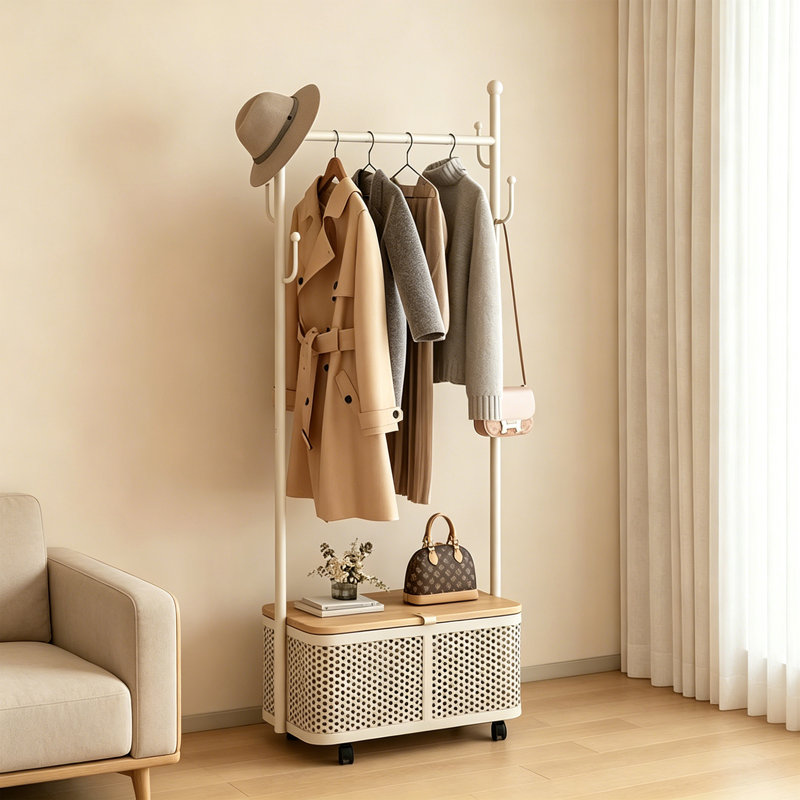 Rolling Hall Tree Rack, Cream/Natural