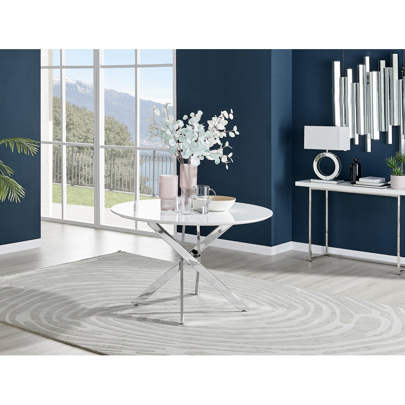 Eubanks Luxury Metal and White Gloss Round Dining Table - Modern Statement Design, 75 x 120 x 120cm, Silver