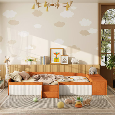 Twin Size Daybed Velvet Upholstered with Stairs & Gas Lift Storage Ottoman, Contrast Color, Padded Guardrails, Brown, White