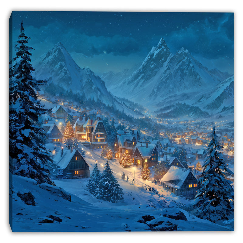 «Festive Forest Cabin Night», art mural sur toile, 12 po x 12 po