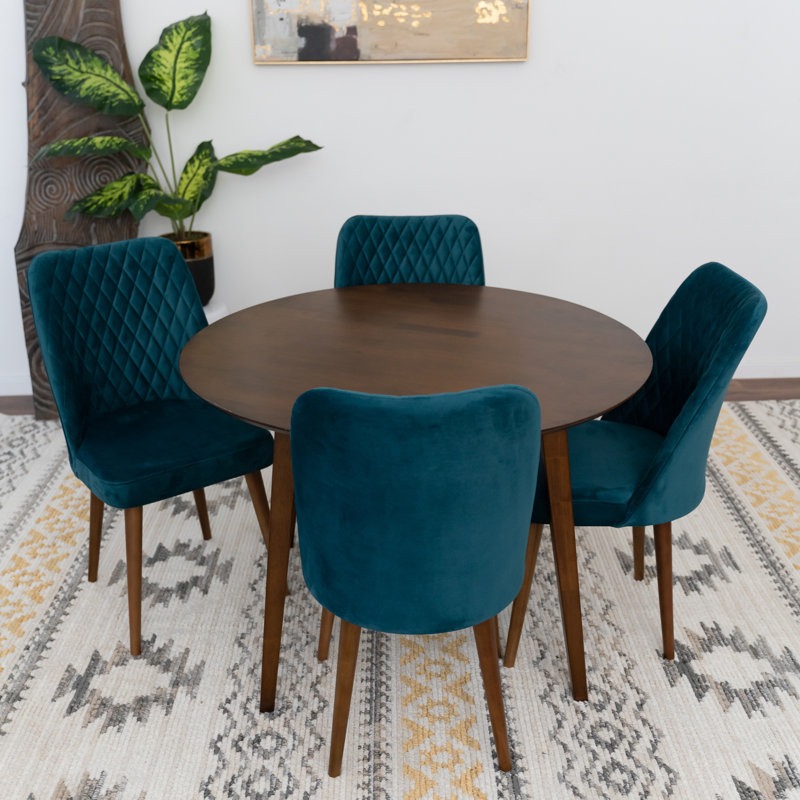 Gerga 4 - Person Solid Wood Round Dining Set with Velvet Upholstered Chairs, Teal
