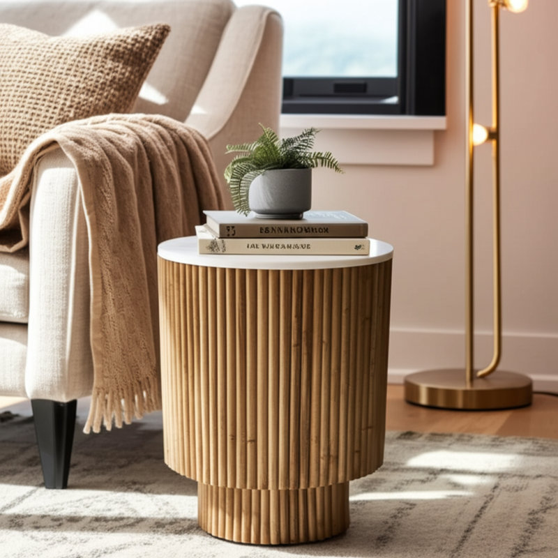 Table de bout à piédestal nervurée avec plateau en marbre Odera, Naturel