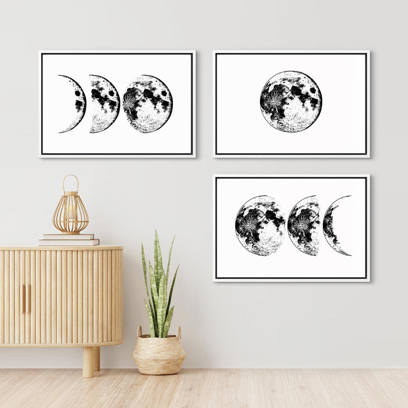 "Lune noire et blanche abstraite", 3 pièces, Cadre blanc, H 16 po x l 24 po