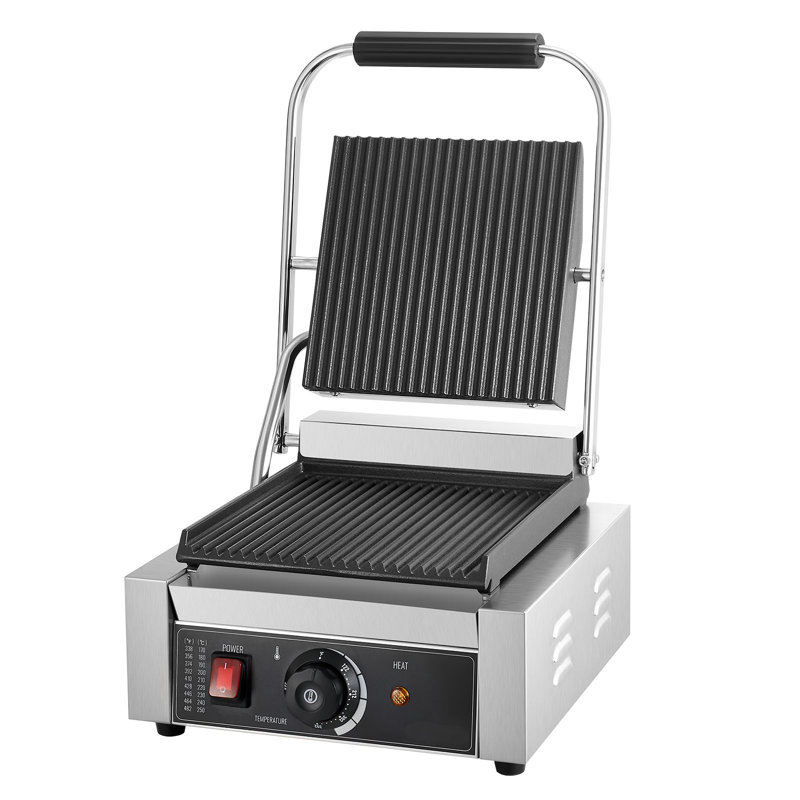 Commercial Panini Grill, 1800W Electric Sandwich Panini Maker, Stainless Steel Sandwichs Press Grill with Handle and Temp Control, 8.8x9 in Full Grooved Enamel Plate for Hamburger Steak Bacon