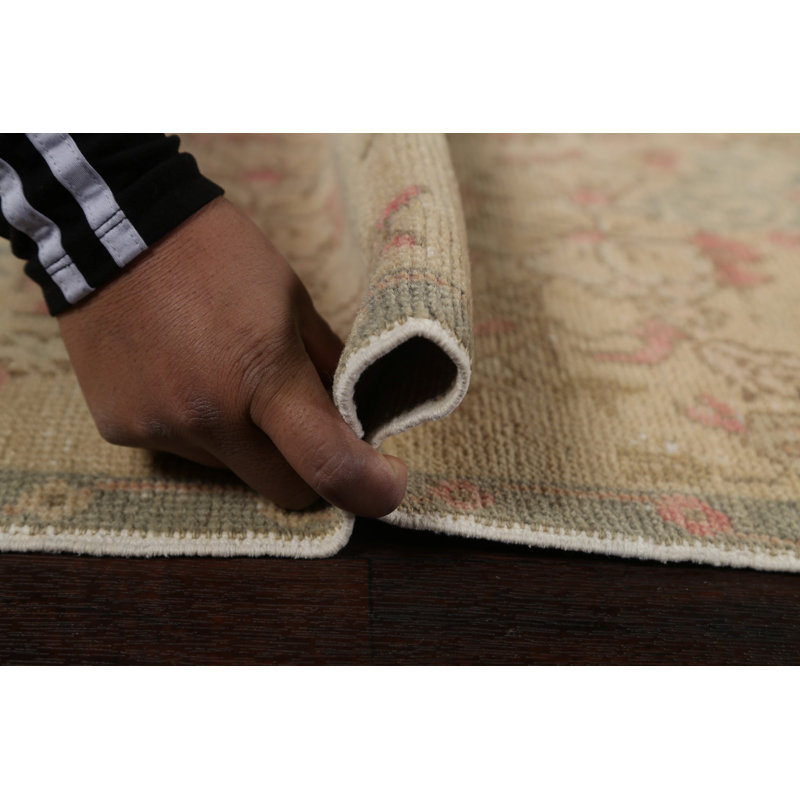 Tapis de couloir beige en laine noué à la main de conception unique 1 pi 9 po x 10 pi 3 po New Age