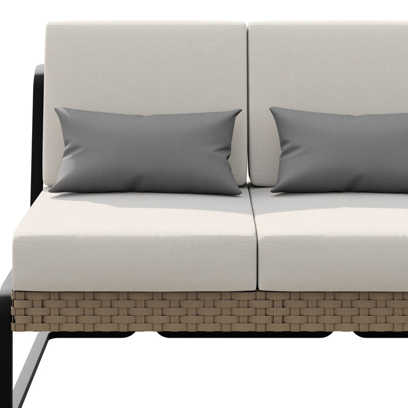 Aluminum & Wicker Outdoor Sofa With Cushions & Pillows, Beige, Beige