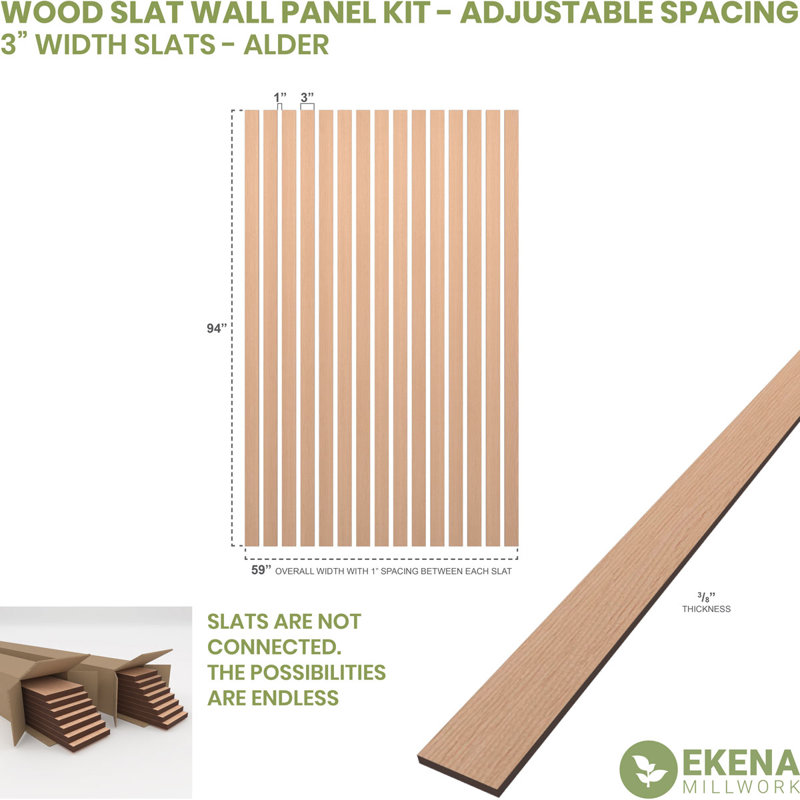 Adjustable Wood Slat Wall Panel Kit, 1"W x 47"H x 0.375"T, Alder