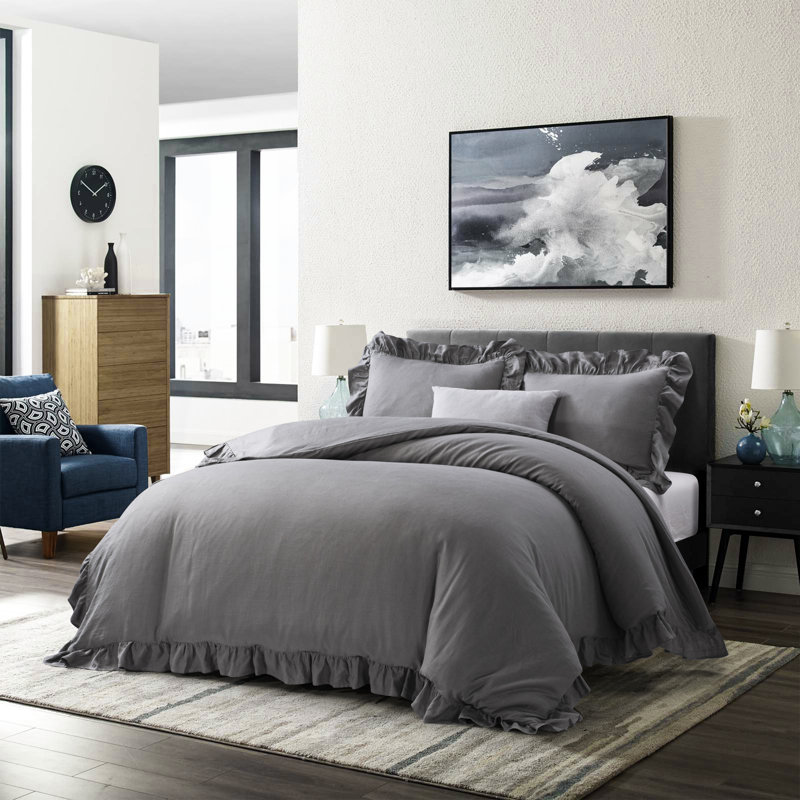 100% French Flax Linen Duvet Cover Set 3-Piece | 3" Elegant Ruffled Flange | OEKO-TEX Certified , Charcoal