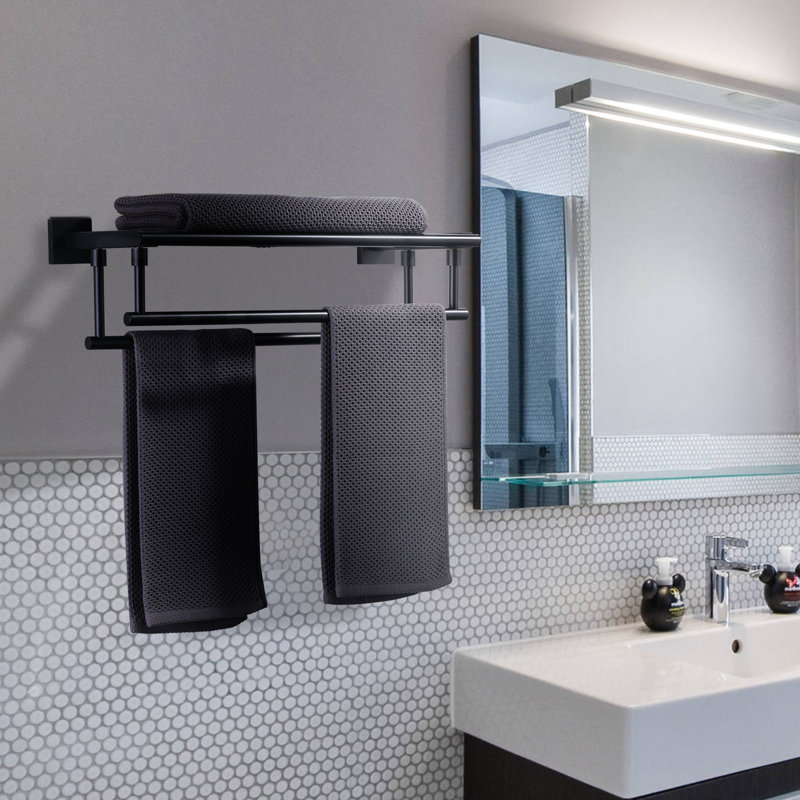 Porte-serviettes mural en acier inoxydable à 2 niveaux avec 2 barres à serviettes rondes 20 po, H 5,5 po x l 20 po x P 8 po