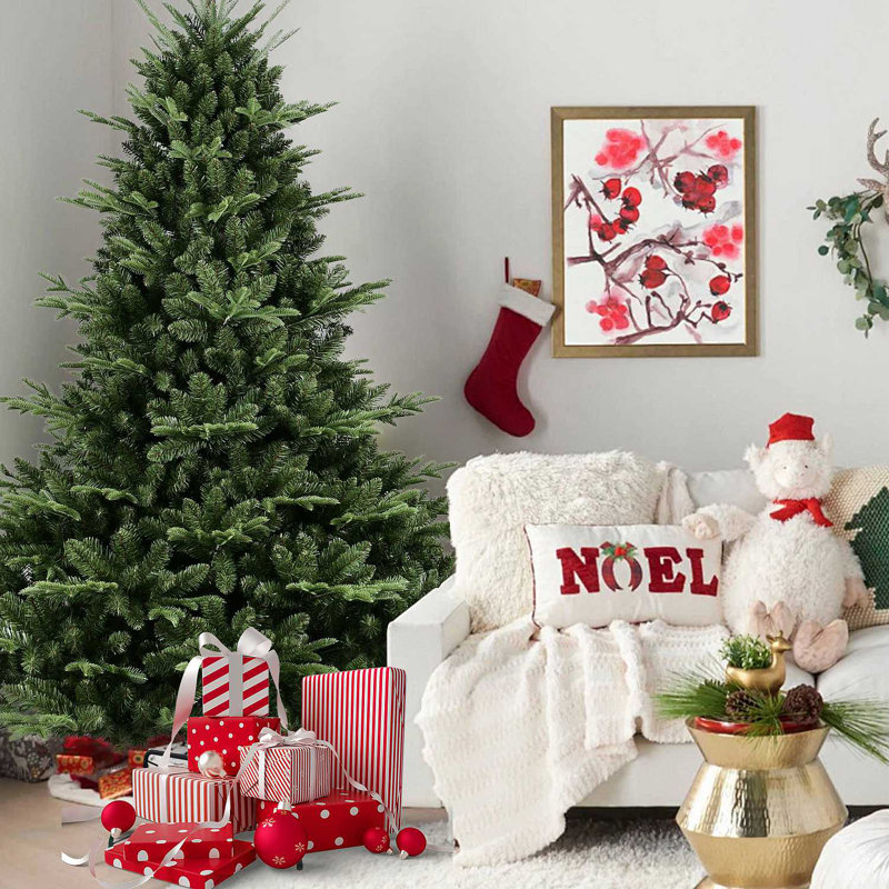 Arbre de Noël pleine forme 9 pi avec 3451 pointes - aiguilles mixtes en PE / PVC, base large pour les grands espaces, structure à charnières pour une installation facile, support en métal pour un soutien solide *