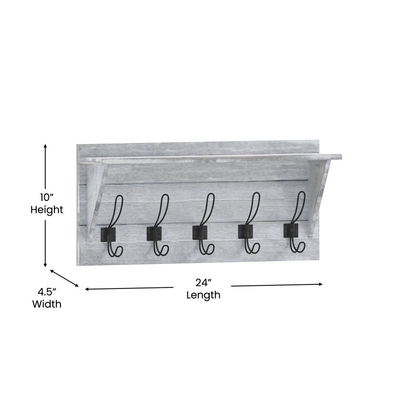 Nariaki Wall Mounted Solid Pine Wood Storage Rack with Upper Shelf and 5 Hanging Hooks, White