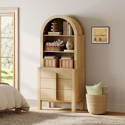 71" Tall Arched Bookshelf, Modern 3 Tier Bookcase With Open Storage, Wooden Display Cabinet With Drawer And Shelves, Versatile Bookshelf For Living Room, Study, Office
