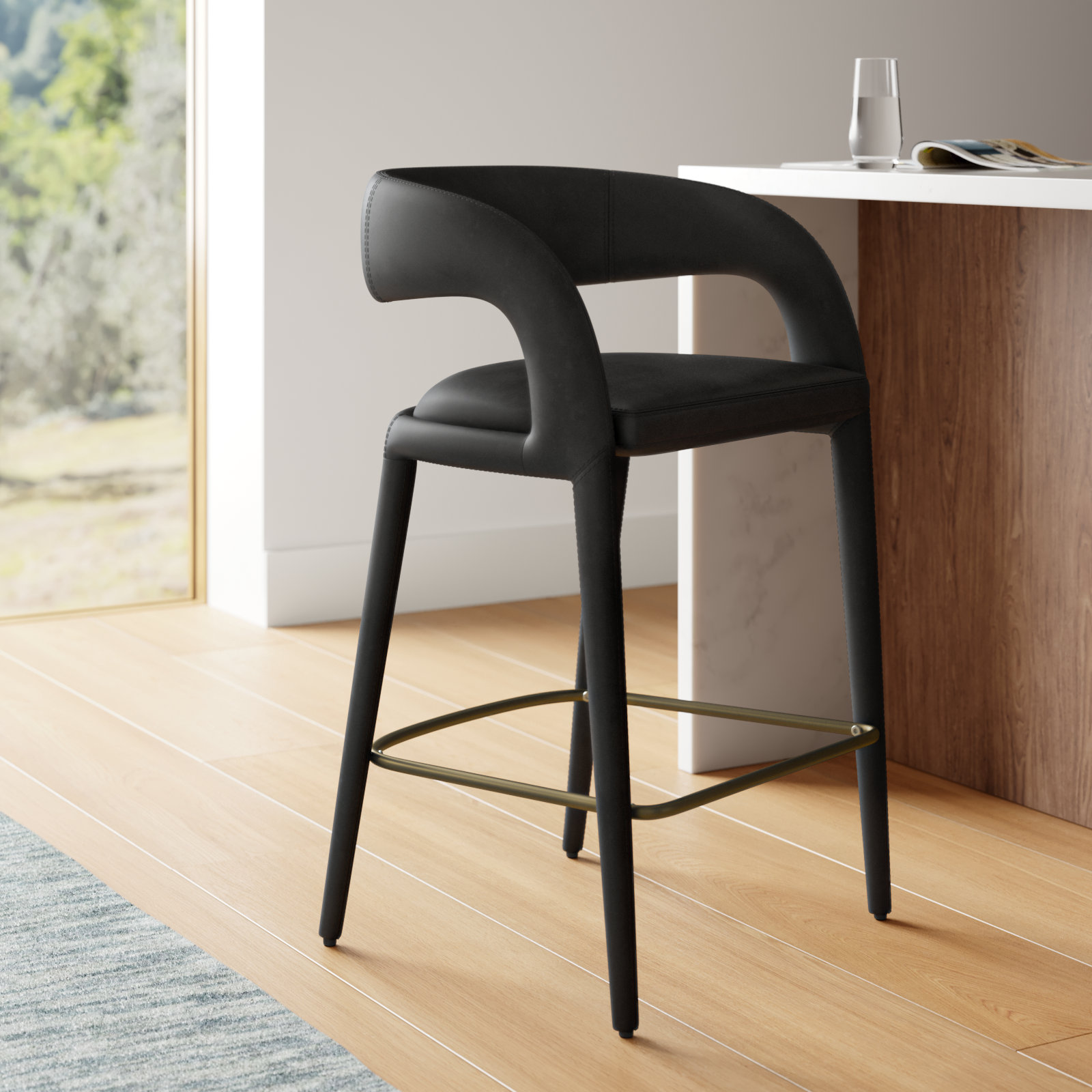 Freestyle 25.6'' Vegan Leather Counter Stool, Black, 25.6''